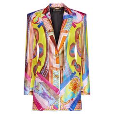 This spectacular Versace multicolored "Vittoria” silk blazer features shoulder pads, long sleeves, buttoned cuffs, & three front pockets As seen on the Fall Winter 2019 runway Gold tone medusa button front 100% Silk Made in Italy Size: IT38 Condition: Excellent condition Measurements: Shoulders- 33.5” Bust- 36” Length-32” Sleeve Length- 23” Versace Clothes, Versace Blazer, Versace Jacket, Versace Runway, 2019 Runway, Luxury Clothes Men, Silk Blazer, Yellow Blazer, Satin Blazer