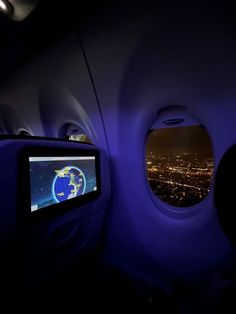 the view from inside an airplane at night