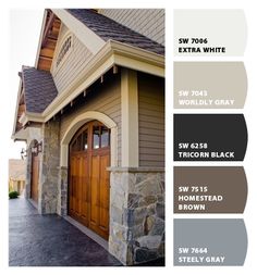 an image of a house with stone and wood accents on the front door, along with two garage doors