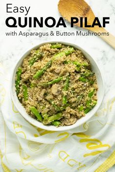 a white bowl filled with quinoa and green beans