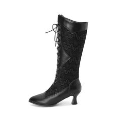 Shop Black Spool Heel Boots Pointed Toe Lace Up Knee High Boots color Black for Night Club, Party, Work with worldwide Free shipping & Free return. Hoof Heels, Heel Boots For Women, Riding Boots Fashion, Basic Boots, Low Heel Boots, Spool Heel, Leather Lace Up Boots, Brown Heels, High Heel Boots Ankle