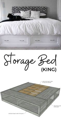 an image of a bed with storage drawers on the top and bottom, as well as text that reads storage bed king