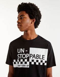 Chequered flag ‘un-stoppable’ print T-shirt - T-shirts - Clothing - Man - PULL&BEAR United Kingdom T Shirt Text Design, Chequered Flag, Armani Sweatshirt, Black Men Fashion Casual, Shirt Print Design, Black Men Fashion, T Shirt Diy, Logo Tees, Mens Graphic Tee