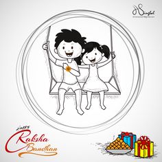 an illustration of two children on a swing with presents in the background and text that reads happy radisha banhan