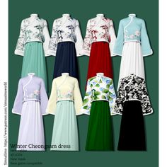 a group of women's dresses in different colors and patterns, all with long sleeves