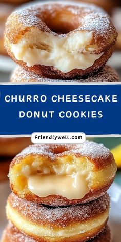 three donuts stacked on top of each other with the words churro cheesecake donut cookies