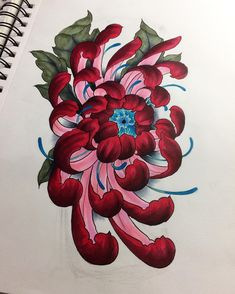 a drawing of a red flower with green leaves