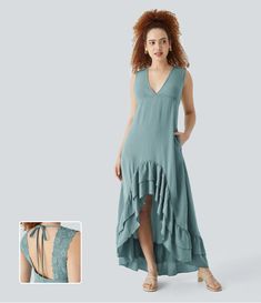 Discover Women’s V Neck Tie Back Backless Contrast Lace Side Pocket High Low Tiered Ruffle Hem Maxi Resort Linen-Feel Dress at Halara, Crowd-Approved Affordable Choices Made For What Moves You. Dresses For Women Classy, Perfect Cocktail Dress, Elegant Maxi Dress, Lace Side, Resort Dresses, Maxi Slip Dress, Style Maxi Dress, Long Sleeve Maxi, Maxi Dress With Sleeves