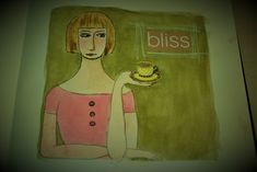 a painting of a woman holding a cupcake with the word bliss written on it