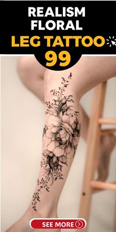 Flower tattoos have a timeless charm, and their intricate details and delightful blossoms highlight any skin.  If you want to bring nature’s beauty to your leg, consider adorning your calf with blooms like this stunning leg tattoo for women. Floral Lower Leg Tattoo, Wrap Around Leg Tattoo Women Vine, Full Calf Tattoos For Women, Tattoo In Legs For Women, Women Leg Tattoos Calf, Women’s Calf Tattoo, Flower Leg Tattoos Women, Female Shin Tattoo, Calf Flower Tattoo