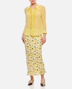 100% Silk Spring Designer Tops With Spread Collar, Designer Tops With Spread Collar For Spring, Spring Formal Shirt With Ruffles, Designer Spring Tops With Ruffles, Designer Ruffled Tops For Spring, Designer Ruffle Tops For Spring, Spring Yellow Formal Shirt, Spring Formal Yellow Shirt, Yellow Formal Shirt For Spring