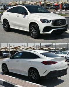 two pictures of a white mercedes suv parked in a parking lot next to each other