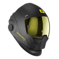 a helmet with goggles is shown on a white background and has yellow visor