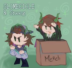 two cartoon characters standing next to each other in front of a box with the words slinkle and sneeg written on it