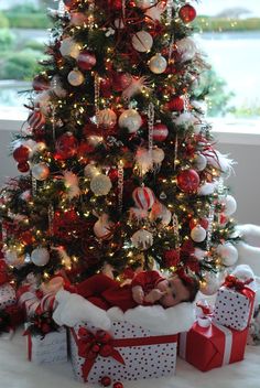 a christmas tree with presents under it and a teddy bear in the bottom right corner