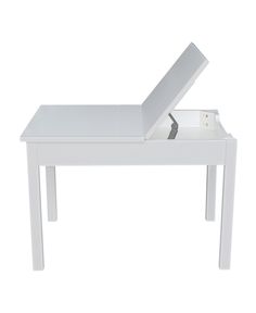 a white table with an open drawer on it's top and the lid opened