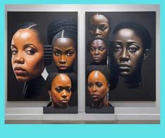 three paintings of black women with different hair styles