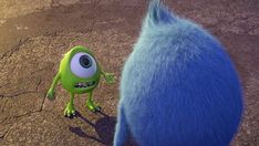 an animated character is standing next to another character in the movie monsters, which also features blue hair and green eyes