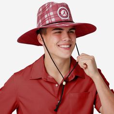 Camping trips. Beach days. Gamedays. Keep the sun out of your eyes and your team spirit on your head with the Alabama Crimson Tide Thematic Straw Hat. Features All-over team-colored design so you can rep the team in style Thematic, team-specific pattern that will look great with the rest of your team apparel Sturdy straw construction that makes this a fit for your summer style Embroidered team logo display, in case there were any doubts where your allegiances lie Black lace chin string for a com Adjustable Flat Brim Sun Hat For Sports, Casual Adjustable Hat For Sports Events, Adjustable Casual Hat For Sports Events, Casual Adjustable Hat For Sports, Sporty Adjustable Wide Brim Sun Hat, Casual Wide Brim Sun Hat For Sports, Sporty Wide Brim Adjustable Hat, Summer Sports Event Hat With Flat Brim, Red Adjustable Sports Fan Hats