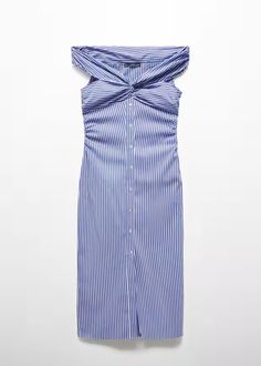 Striped dress bare shoulders - Women | Mango USA Shoulder Off, Mango Outlet, Bare Shoulders, Tailored Design, Tailored Dress, Stripe Print, Striped Dress, Open Shoulder, Jumpsuit Dress