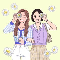 two women standing next to each other with daisies on their foreheads and smiling