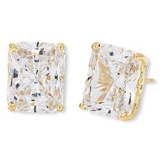 Radiance by Absolute™ 10ctw 10K Gold Radiant Cut Stud Earrings Showcasing an elegantly angular, radiant-cut simulated diamond, this solitaire-style stud serves up classic design that's big on sparkle.       Each approx. 3/8"L x 5/16"W     Stamped 10K yellow gold; polished finish     Pierced with clutch backs      Prong settings, filigreed galleries   Stone Information      All sizes and weights, including diamond equivalent weights (DE), are approximate     Total Carat Weight: 10ctw, 8ctw (DE) Classic Rectangular Cubic Zirconia Jewelry, Classic Rectangular Cubic Zirconia Earrings, Brilliant Cut Cubic Zirconia Rectangular Earrings, Classic Gia Certified Jewelry With Rectangular Stone, Radiant Cut Cubic Zirconia Earrings With Diamond Accents, Cubic Zirconia Earrings With Diamond Accents Radiant Cut, Classic Formal Earrings With Rectangular Stone, Classic Rectangular Diamond Cut Jewelry, Classic Gia Certified Radiant Cut Jewelry