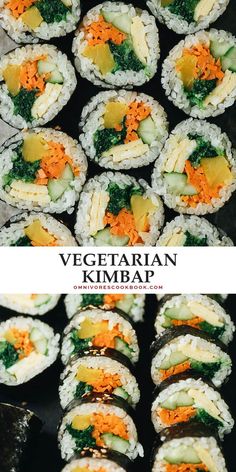 several sushi rolls with vegetables on them and the words vegetarian kimbap above it