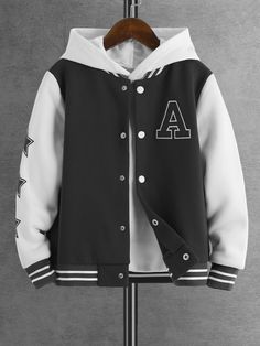 Blanco y Negro Casual Collar manga larga Tela tejida Color combinado,Letras Estilo Universitario Embellished Elástico Ligero  Ropa de Niños Green Varsity Jacket, Senior Jackets, School Jacket, College Jackets, Easy Trendy Outfits, Cardigan Sweater Jacket, Hoodie Outfit, Boys Hoodies