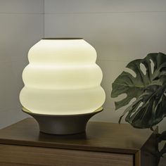 a white lamp sitting on top of a wooden table next to a potted plant