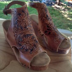 Authentic American Darling Size 8 Hand Tooled Genuine Leather Platform Wedges With Wooden 3" Heels With A 1" Platform Rise In The Toes With Copper Buckles And Detailing. Like New, Super Comfy, Nonslip Rubber Soles. Fits True To Size. Perfect Heels For Summer Weddings, Bbqs And Date-Night With No Heels To Sink In The Grass, Stumble Or Break! I Purchased Them New Without The Box, Worn Them Once, Got A Ton Of Complements And Just Don't Wear Heels Enough Anymore To Not Let Someone Keep Showing These Gorgeous Heels Off! Questions? Leave A Comment Below! Fast Shipping, Smoke Free Home. Leather T-strap Sandals With Wooden High Heel, Brown Leather-lined Wedge Heel Sandals, Brown Wooden Heel Slip-on Wedge Sandals, Leather Wedge Sandals With 4-inch Heel, Open Toe, Brown Synthetic Wedge Sandals With 4-inch Heel, Perfect Heels, Gorgeous Heels, Wooden Heel, Hand Tooled Leather