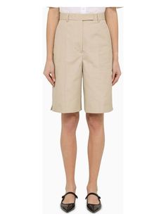 250 THOM BROWNE  KHAKI HIGH-WAISTED BERMUDA SHORTS Womens Khakis, Dress Watch, Khaki Shorts, Thom Browne, Tri Color, Waist Belt, Welt Pockets, High Waisted Shorts, Womens Backpack