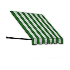 a green and white striped awning with black string on it's end, against a white background