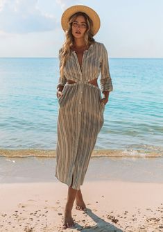 Women's White & Black Striped Midi Shirt Dress - LOVESTITCH Chic Shirt Dress For Beach Day Out, Chic Shirt Dress For Beach Season Day Out, Striped Long Sleeve Maxi Dress For Summer, Striped Long Sleeve Maxi Dress For Vacation, Striped Linen Beach Dress, Long Sleeve Striped Maxi Dress For Summer, Striped Linen Dress For The Beach, Striped Shirt Dress For Summer Day Out, Chic Button-up Maxi Dress For Beach