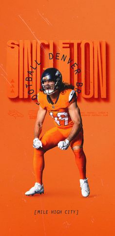 an orange poster with a football player in uniform