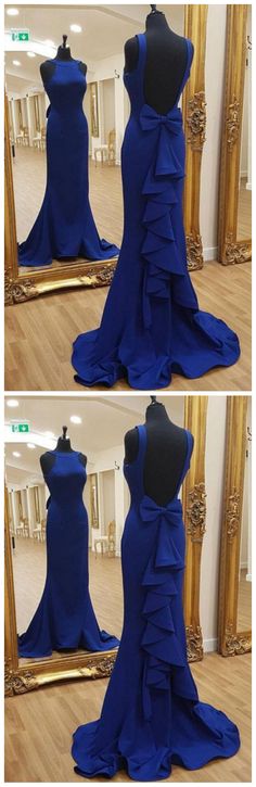 Blue Backless Evening Dress For Prom Season, Blue Mermaid Hem Evening Dress For Banquet, Blue Mermaid Hem Dress For Banquet, Blue Fitted Backless Dress, Fitted Blue Backless Dress, Elegant Royal Blue Homecoming Dress, Blue Mermaid Dress With Fitted Bodice For Prom, Blue Fitted Bodice Backless Gown, Blue Backless Gown With Fitted Bodice