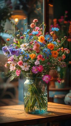 a vase filled with lots of colorful flowers on top of a wooden table next to a window