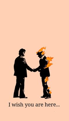 two people shaking hands with the words i wish you are here in black and orange