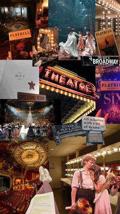 the collage shows many different images of people in costumes and stage lighting, including theater signs