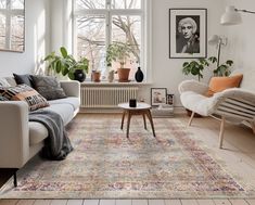 a living room filled with furniture and lots of potted plants on the windowsill