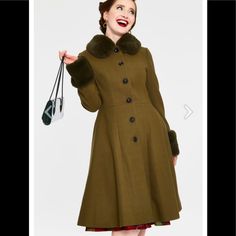 Olive Green Trim Waisted Coat By Voodoo Vixen. Removable Faux Fur Collar & Wrists. 2 Side Pockets. Brand Nwt Olive Green Coat, Fit And Flare Coat, Faux Fur Trim Coat, Fur Trim Coat, Faux Fur Material, Coat Fur, Knitted Coat, Green Coat, Double Breasted Coat