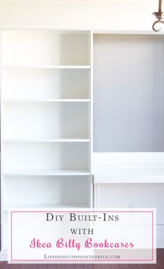 a white bookcase with the words diy built - ins with ikea billy bookcases