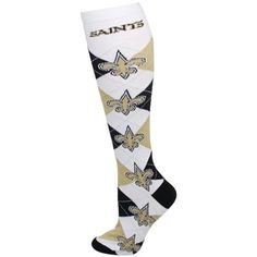 the new orleans saints socks are white and black with gold fleurs on them