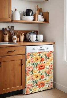 a kitchen with wooden cabinets and white dishes on top of the stove, next to open shelves