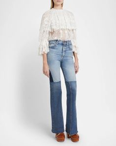 Chloe Denim Patchwork Flare Leg Pants | Neiman Marcus Body Conscious Fashion, Patchwork Pants, Embroidered Lace Top, Beauty Samples, Floral Lace Tops, Flare Leg Pants, Denim Patchwork, 50s Fashion, Fine Fabric