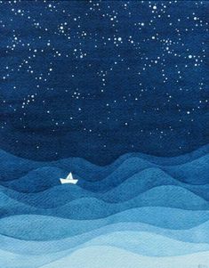 a paper airplane flying through the night sky over water with stars in the sky above