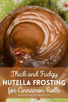 Small saucepan full of fudgy Nutella frosting with a spatula stirring the thick mixture. Frosting For Cinnamon Rolls, Nutella Brioche, Hazelnut Frosting, Nutella Cinnamon Rolls, Cinnamon Roll Frosting, Brioche Dough, Nutella Frosting, Nutella Lover, Hazelnut Milk