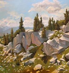 a painting of rocks and trees on a hill