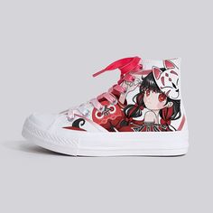 Kitsune Girl Red High Top Shoes - Juneptune Harajuku Anime Print Sneakers With Round Toe, Harajuku Style Anime Print Round Toe Sneakers, Harajuku High-top Sneakers With Anime Print, Japanese Korean Fashion, Red High Tops, Graffiti Canvas, Kawaii Shoes, Cute Sneakers, Top Design Fashion