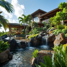 a house that is surrounded by trees and rocks with a waterfall in the front yard