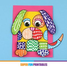 a paper dog with colorful patterns on it's face and the words super fun printables